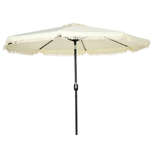 Sudzendf 9 ft. Market Patio Umbrella in Cream White, with Push Button Tilt and Crank, Tassles and 8 Ribs
