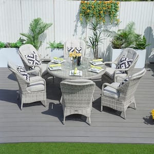 White 7-Piece Wicker Outdoor Dining Set with White Cushion