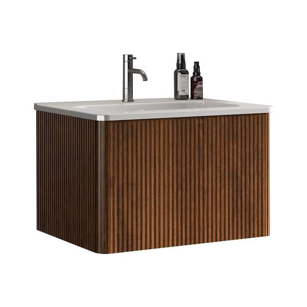 24 in. Wall Mounted Floating Modern Bath Vanity in Walnut with White Ceramic Sink, Curved Edges & Push Open Drawer