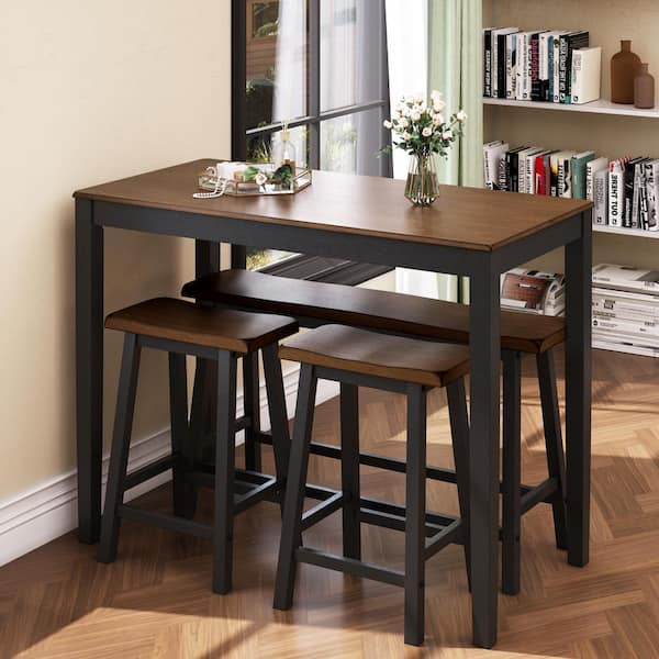 4-Piece 35.5 in. H Walnut and Black Rectangular Counter Table Set with Wood Table with Bench and 2 Saddle Stools for 4
