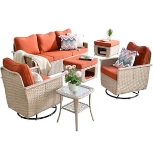 Echo Beige 6-Piece Wicker Multi-Function Patio Conversation Sofa Set with Swivel Rocking Chairs and Orange Red Cushions