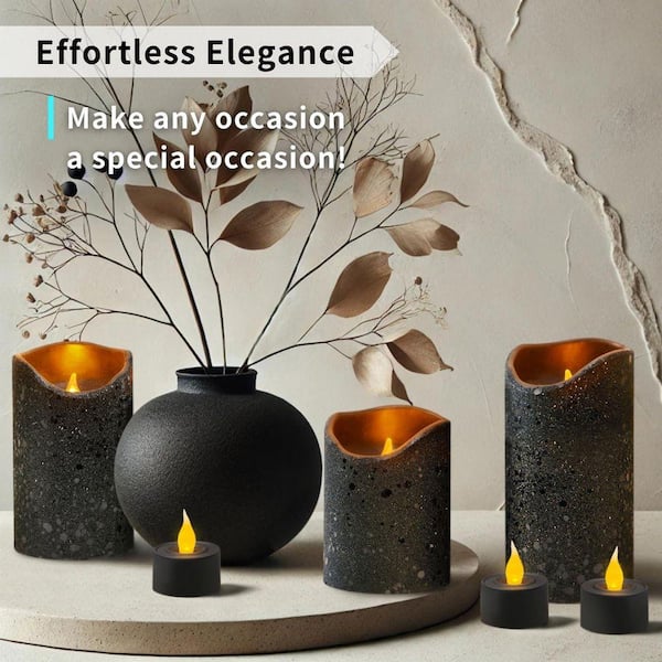 6-Pack Black Glitter Real Wax LED Candles - 3 Pillars + 3