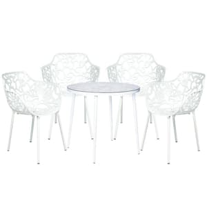 Devon Modern 5-Piece Aluminum Outdoor Dining Set with Glass Top Table and 4 Stackable Flower Design Arm Chairs (White)
