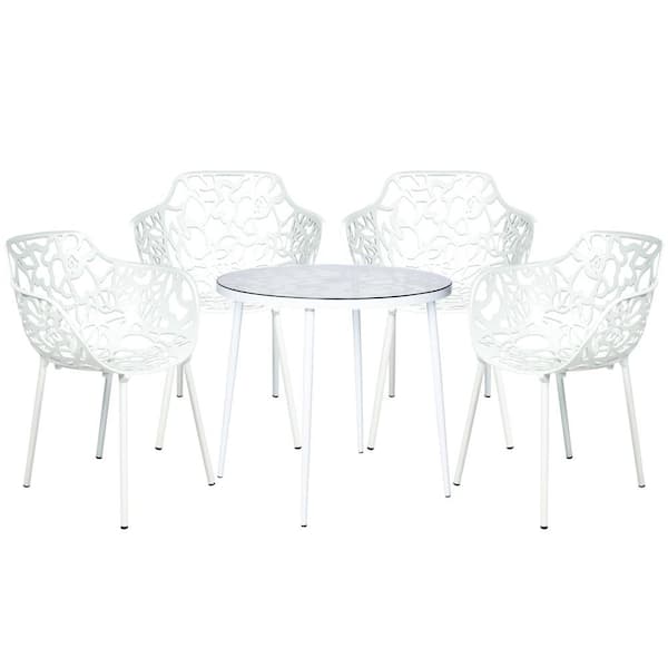 Leisuremod Devon Modern 5-Piece Aluminum Outdoor Dining Set with Glass Top Table and 4 Stackable Flower Design Arm Chairs (White)