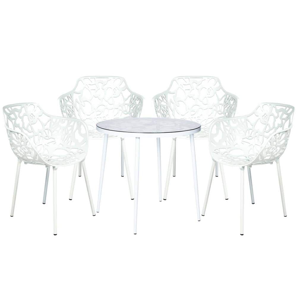 White Aluminum 5-Piece Outdoor Dining Set with Flower Design