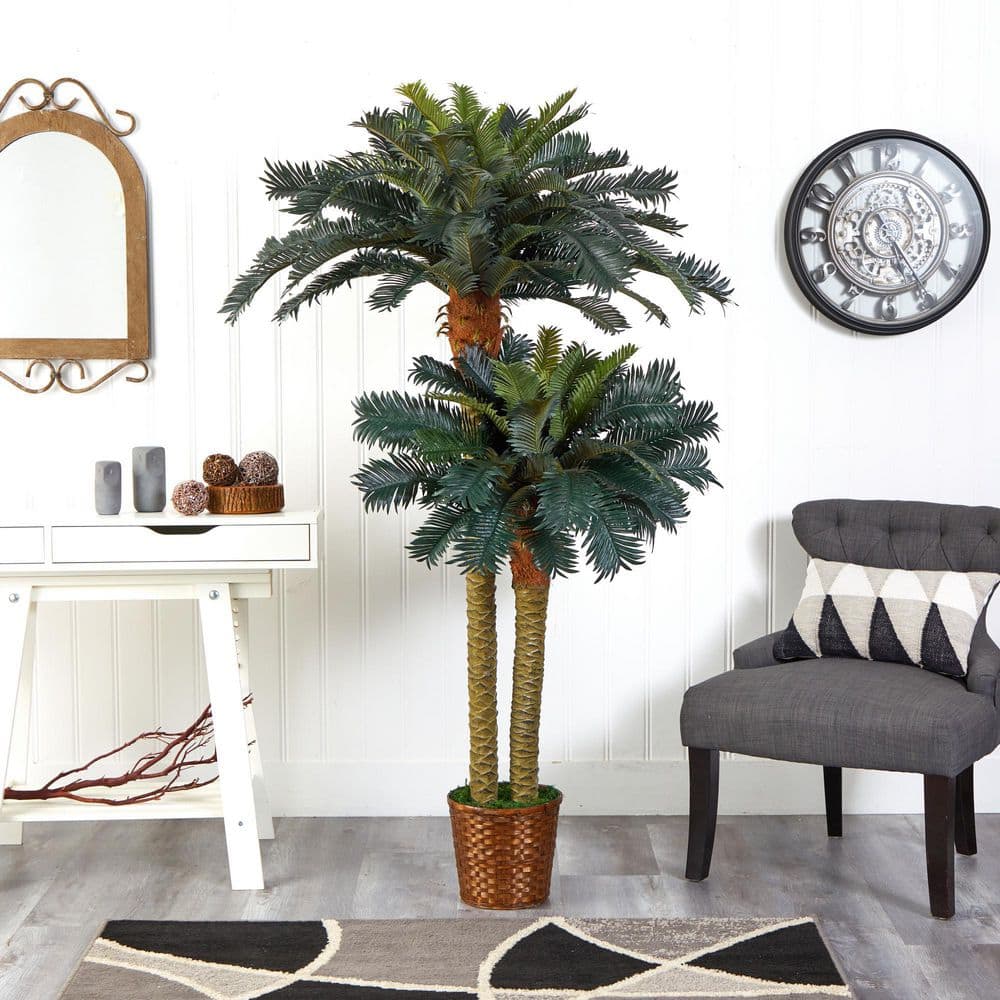 Double Potted Green Silk Palm Tree with Wicker Basket