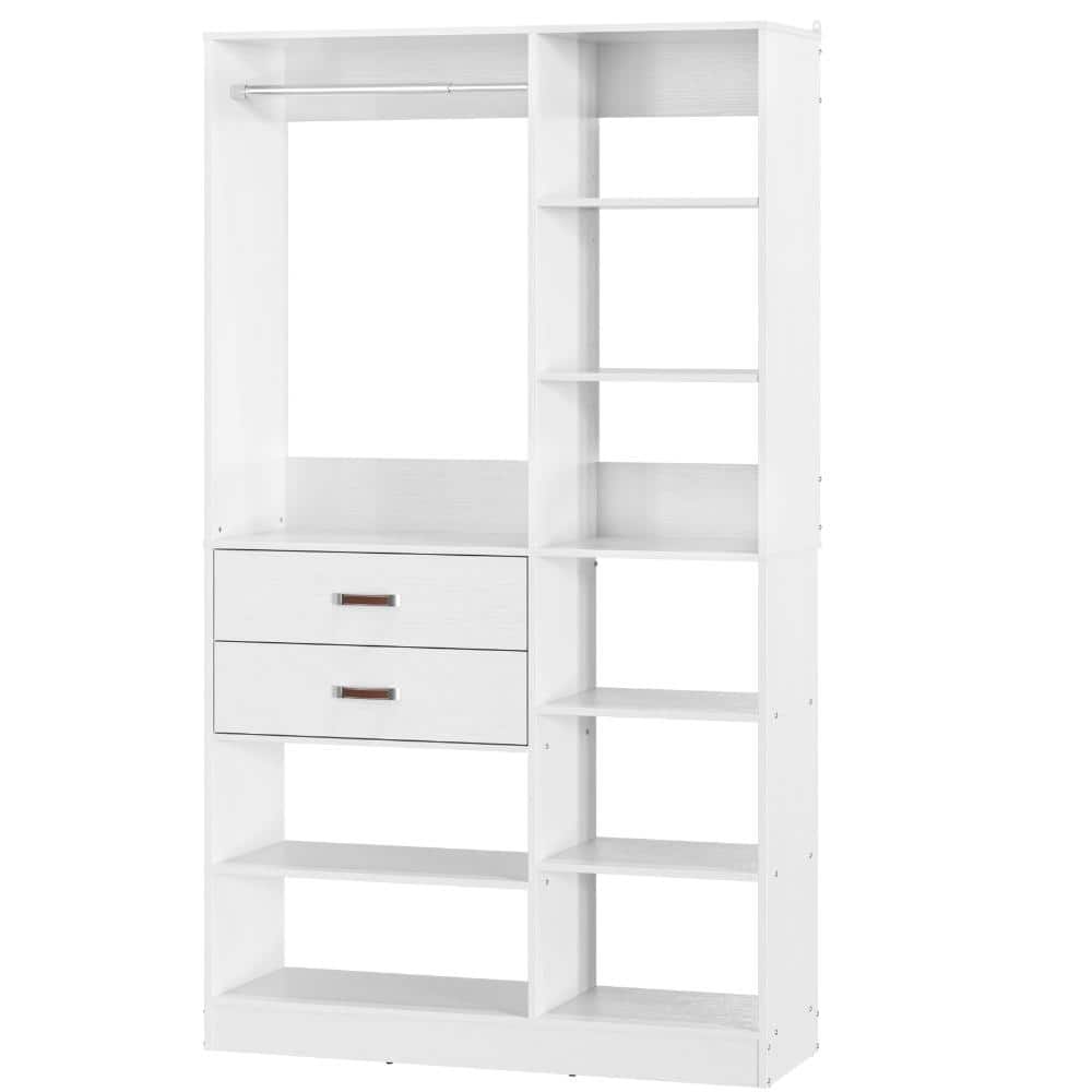 40 in. W White Walk-In Tower 10-Shelf Wood Closet System with 2 Enclosed Drawers 1 Long Hanging Rods