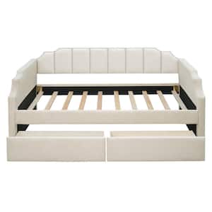 Beige Twin Size Velvet Upholstered Daybed with 2-Drawers and Wood Slat Support