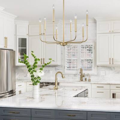 Modern Gold Candlestick Island Chandelier Transitional 8-Light Pale Brass Pendant Light for Kitchen Bedroom Dining Area