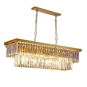 39 in. 10-Light gold Rectangle Crystal Chandelier, Luxury Pendant Light with Adjustable Height, Bulbs Included