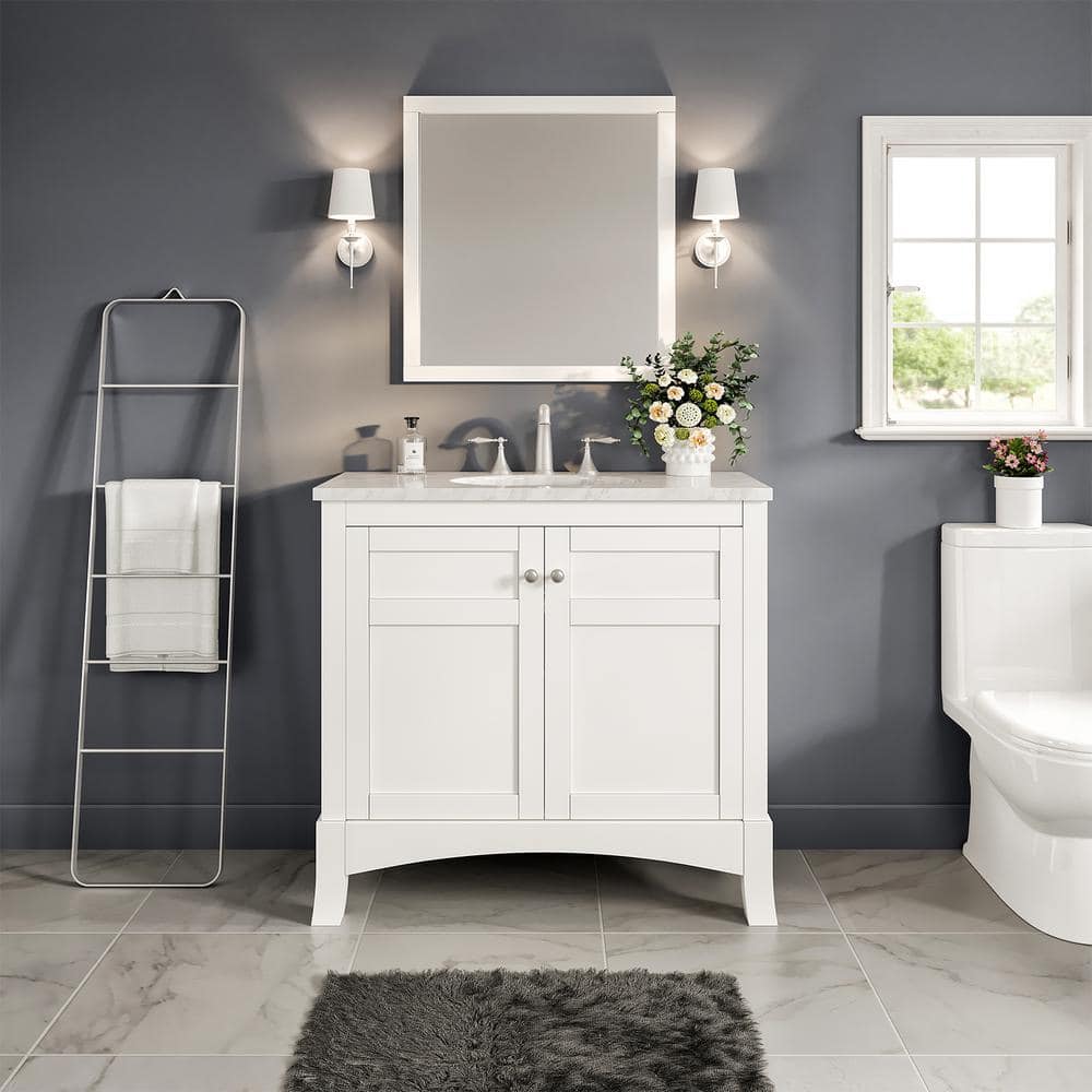 Eviva Navy 36 inch Deep Blue Bathroom Vanity with White Carrera Counter-top  and White Undermount Porcelain Sink