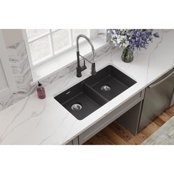Quartz Classic 33 in. Undermount Double Bowl Black Granite/Quartz Composite Kitchen ADA Sink w/ Accessories
