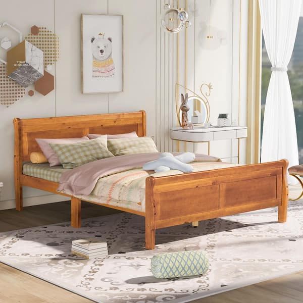 62.50 in. W Walnut Queen Solid Wood Sleigh Bed with Headboard and Wood Slat Support
