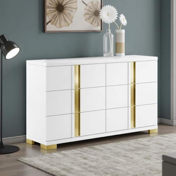 Yoki White and Gold 6 Drawer 59 in. Dresser without Mirror