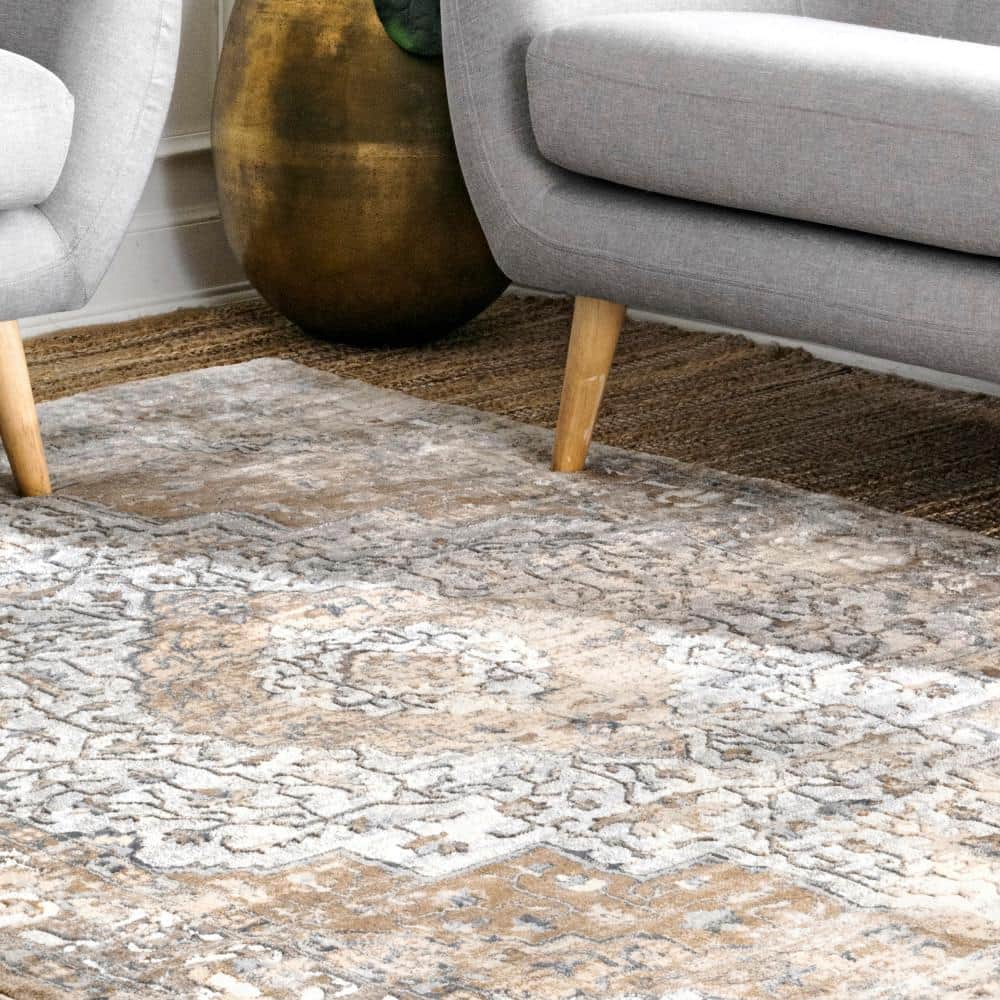 Beige and Gray Synthetic Medallion Square Area Rug