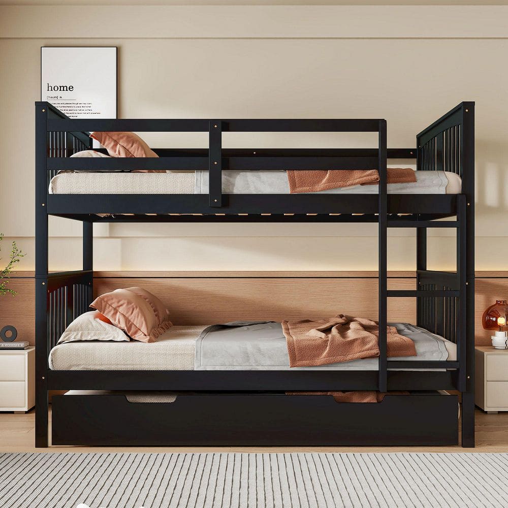 Qualler Black Twin Over Twin House Bunk Bed With Slide And Ladder