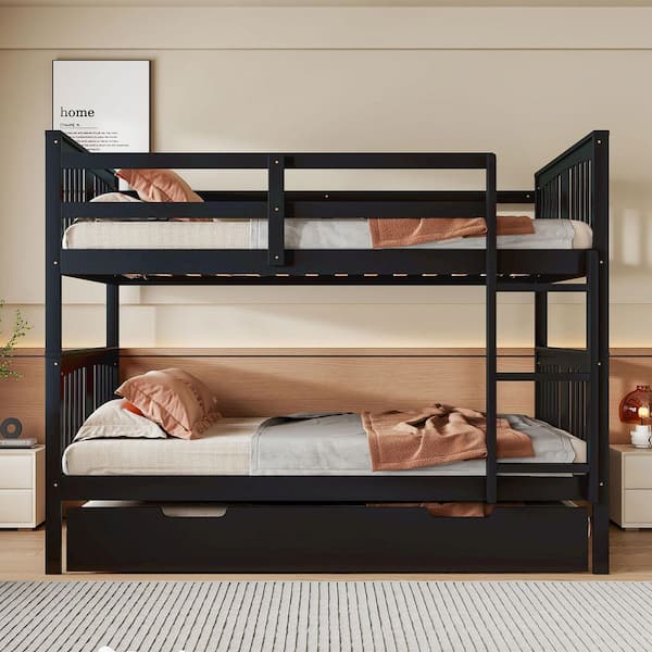 Harper & Bright Designs Espresso Full Wood Bunk Bed with Twin Size Trundle and Ladder