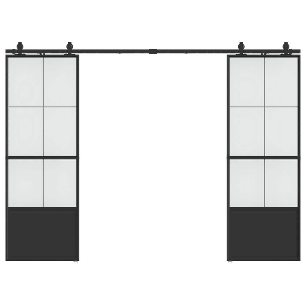 64 in. x 84 in. 3/4-Lite Frosted Glass Black Steel Frame Double Sliding Bar