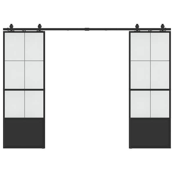 SOCBAZZAR 64 in. x 84 in. 3/4-Lite Frosted Glass Black Steel Frame Double Sliding Barn Door with Hardware Kit and Soft Close