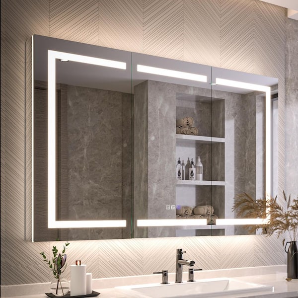 54 in. W x 36 in. H Rectangular LED Anti-Fog Medicine Cabinet with Mirror