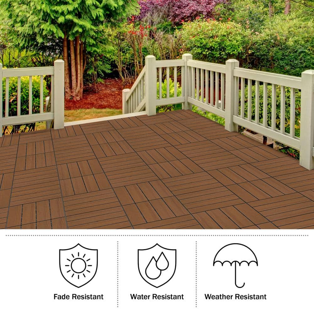 Brown Woodgrain Composite Interlocking Outdoor Deck Tiles - 11.63" x 11.63"