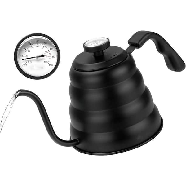 6-Cup Black Gooseneck Pour Over Stainless Steel Stovetop Compatible Tea Kettle Pot with Thermometer 1200ml