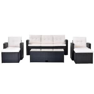 Black 6-Piece Wicker Patio Conversation Sectional Seating Set with Beige Cushions, coffee table and ottomans