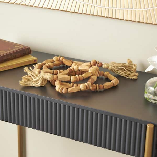 Brown Handmade Mango Wood Rectangle Carved Geometric Long Beaded Garland with Tassel