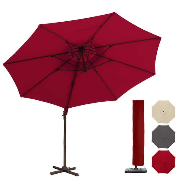 Siavonce 11 ft. Aluminum 360° Rotation Offset Cantilever Adjustable Manual Tilt Round Patio Umbrella in Red