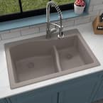 Drop-In Quartz Composite 33 in. 1-Hole 60/40 Double Bowl Kitchen Sink in Concrete