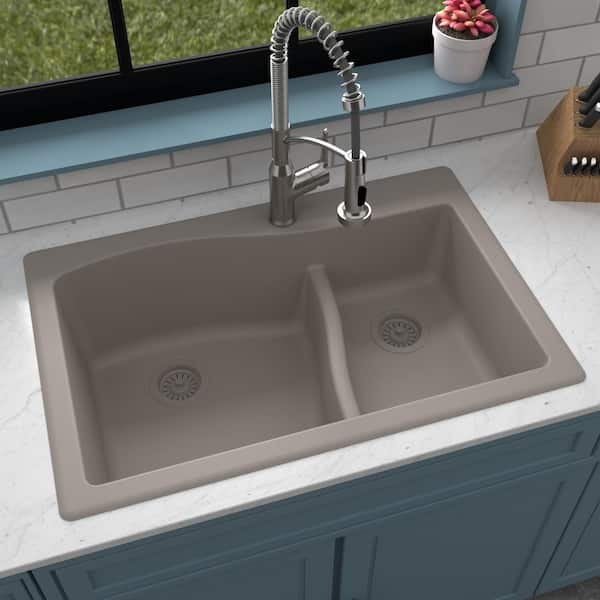 Karran Drop-In Quartz Composite 33 in. 1-Hole 60/40 Double Bowl Kitchen Sink in Concrete