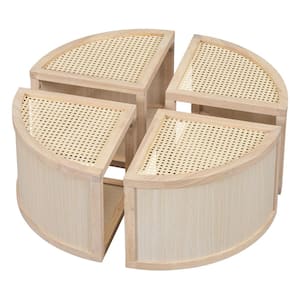 31.4 in. Light Natural Round to Square Modular Wood Coffee Table with Rattan and 4 Storage Compartments