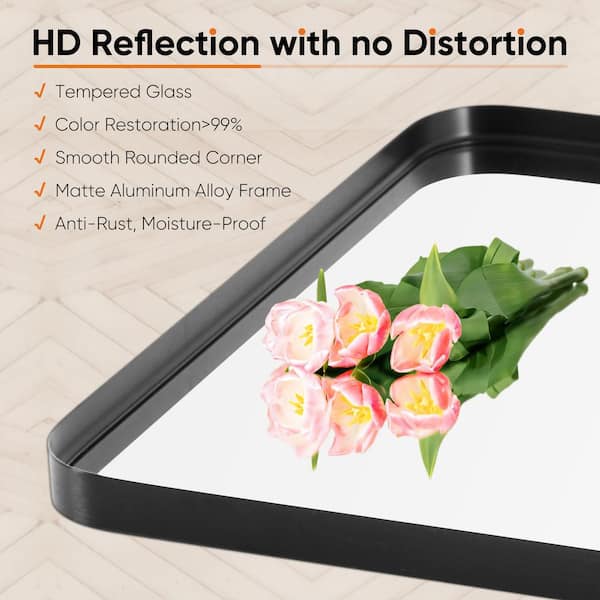 22 in. W x 30 in. H Rectangular Aluminum Alloy Framed Rounded Black Wall  Mirror