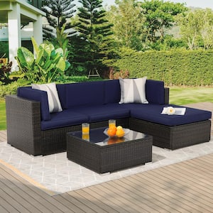 5-Piece Brown Rattan Wicker Outdoor Patio Sectional Sofa Set With Thick Navy Blue Cushions and Tempered Glass Table