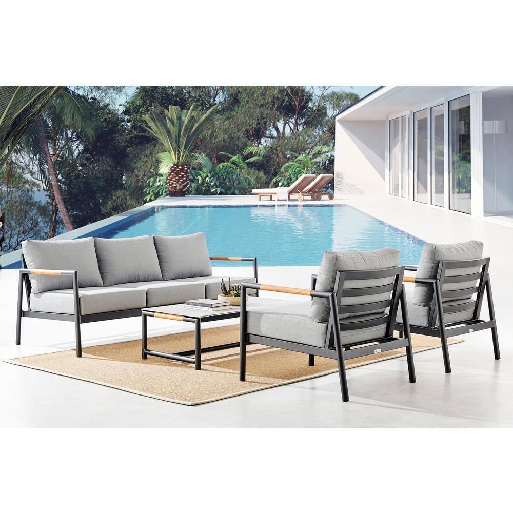 Crown Black Aluminum and Teak Wood Outdoor Sofa with Dark Gray Cushions