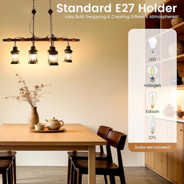 OUKANING 39 in. 8-Light Vintage Industrial Brown Wooden Farmhouse