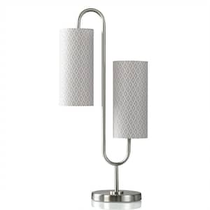 30.25 in. Brushed Steel Table Lamp with White and Gray Patterned Linen Shade