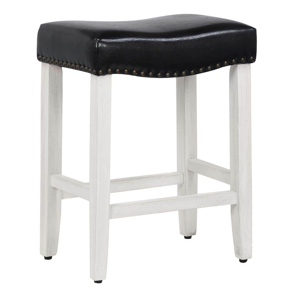 24" Black Leather & Wood Saddle Style Backless Barstool