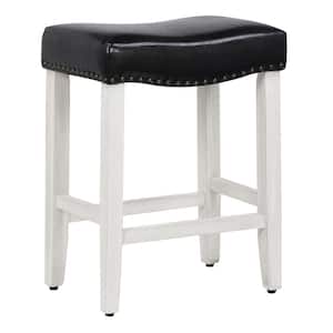 Jameson 24 in Counter Height Antique White Wood Backless Nailhead Barstool, Upholstered Black Faux Leather Saddle Seat