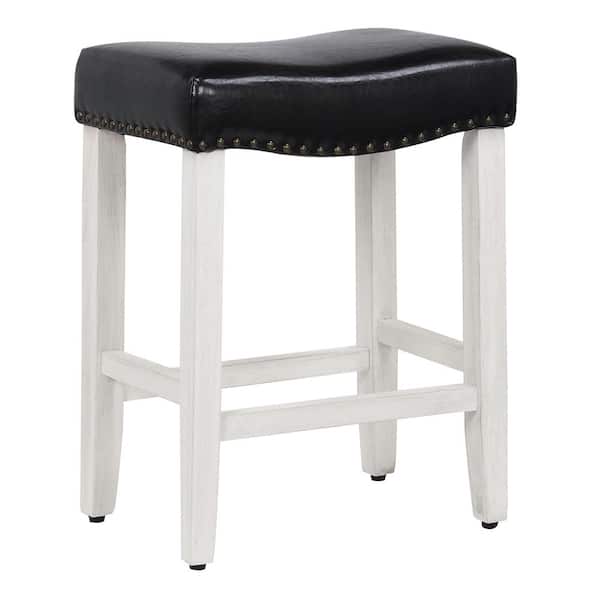 WESTINFURNITURE Jameson 24 in Counter Height Antique White Wood Backless Nailhead Barstool, Upholstered Black Faux Leather Saddle Seat