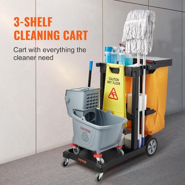 VEVOR Cleaning Cart, 3-Shelf Commercial Janitorial Cart, 200 lbs Capacity Plastic Housekeeping Cart, with 25 Gallon PVC Bag and Cover, 47 x 20 x