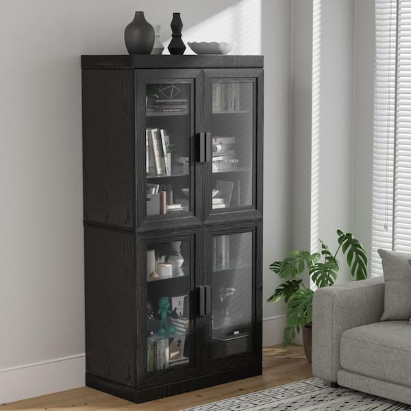 62 in. Tall Black Wood 4-Shelf Standard Bookcase with Adjustable Shelves, Glass Doors Storage