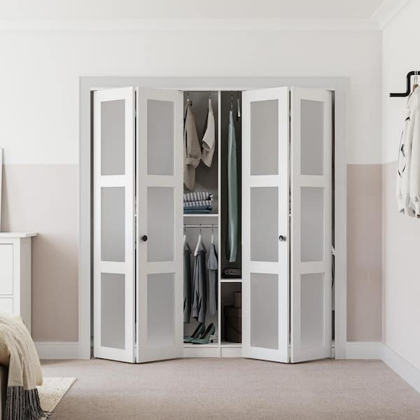 72 in. x 78.75 in. 3-Lite Frosted Glass Solid Core White Finished MDF Composite Bi-Fold Door with Hardware