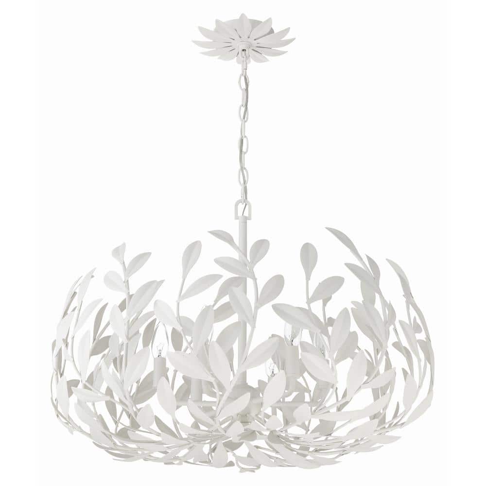 Matte White 6-Light Steel Chandelier with Leaf Design