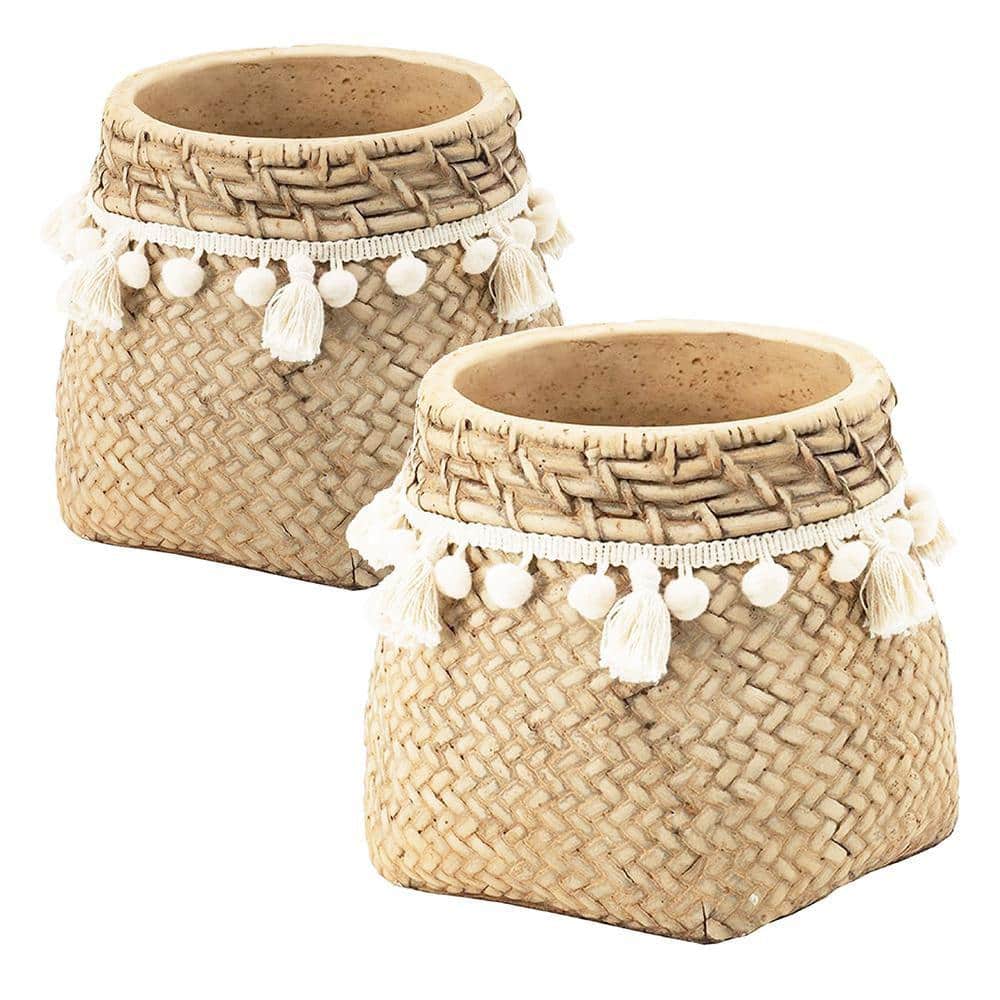 Set of 2 Brown Concrete Planters with Decorative Woven Tassel Detail for Home or Garden (6.5 in. W x 6 in. H) price history on PriceWatchPro