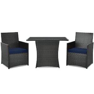 3-Piece Wicker Patio Conversation Set with Blue Cushions and Glass-top Table