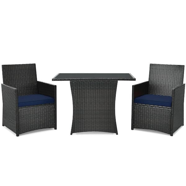 FORCLOVER 3-Piece Wicker Patio Conversation Set with Blue Cushions and Glass-top Table