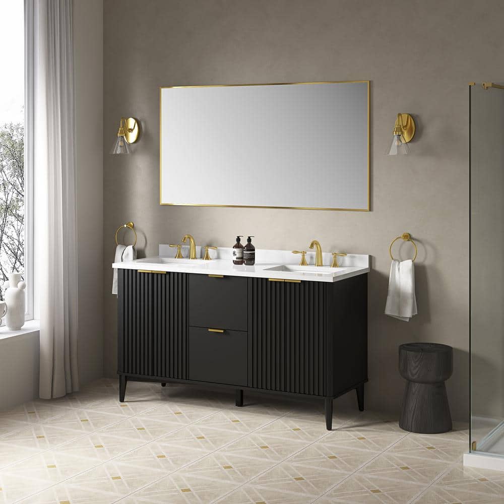 60 in. Onyx Black Double Sink Bathroom Vanity with White Marble Top