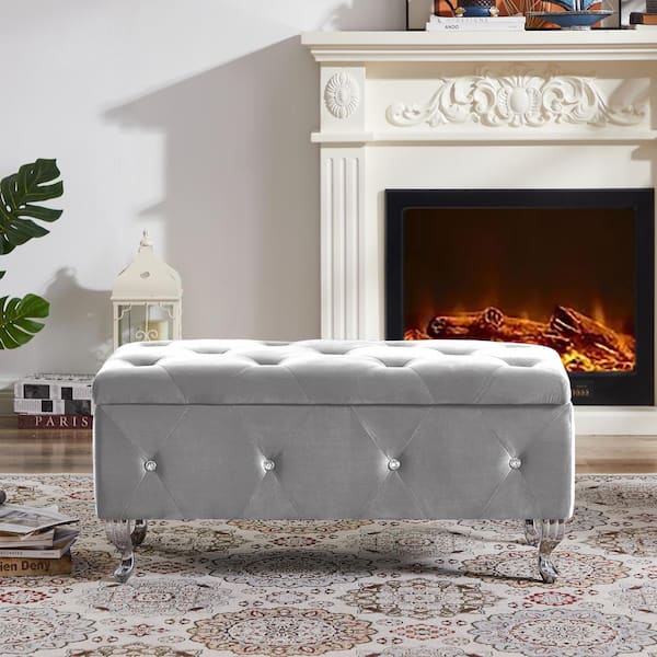 CSC DECOR INC Grey 38.2 in Velvet Upholstered Bedroom Bench Flip Top Storage Ottoman Bench with Button Safety Hinge And Metal Legs
