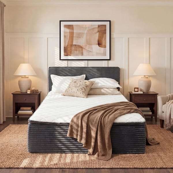 Zuke Gray Plush Corduroy Memory Foam Frame Full Size Upholstered Platform Bed in a Box with No Assembly Required